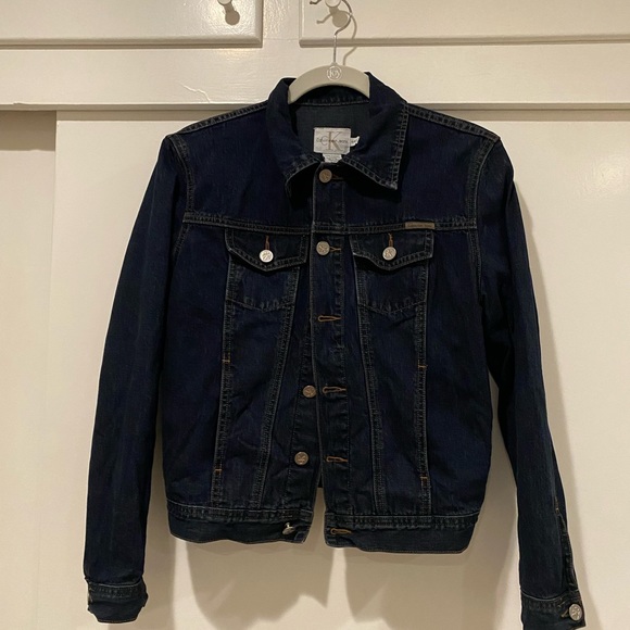 100% Cotton Vintage Calvin Klein Denim Jacket Dark Navy Blue Stitch Size Small - Picture 6 of 10